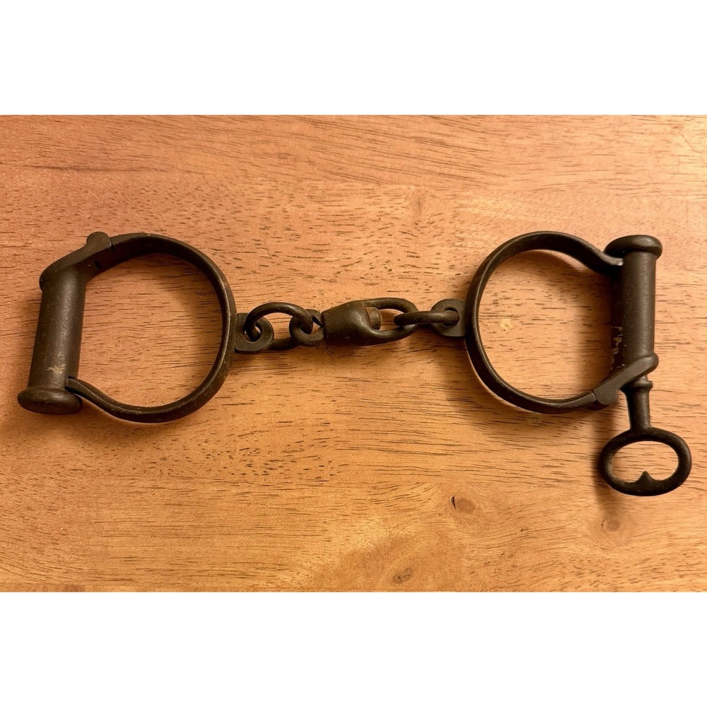 Vintage Old Antique Iron Nickel Plated Rare Adjustable Chain Lock Key Handcuffs